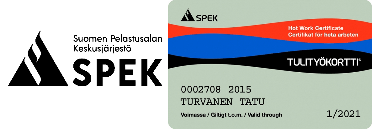 Tulityökortin takapuoli: logo ja teksti Suomen Pelastusalan Keskusjärjestö SPEK